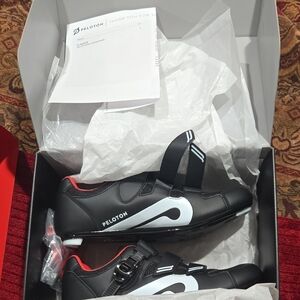 Peloton Black and White Cycling Shoes with Red Accents